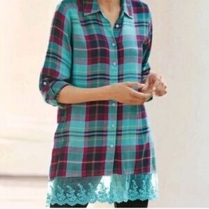 Soft Surroundings Adeline Blue Plaid Button-Up Shirt with Lace Hem, Size PM